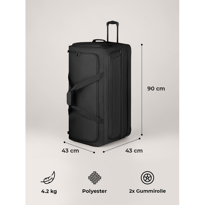 Дорожня сумка на колесах REDOLZ XXL Jumbo (90 см), розширювана сумка для подорожей великого розміру, чорна