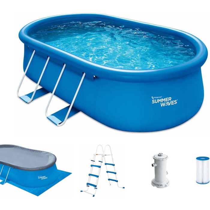 Овальний басейн Summer Waves Quick Up 457x305x107 см, синій, комплект для саду з фільтром, драбинкою, підстилкою та тентом