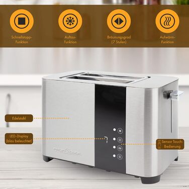 Тостер ProfiCook 2-складовий, нержавіюча сталь, 850 Вт, широкий слот, знімна насадка для булочок, 7 режимів підсмажування, сенсорне управління, лоток для крихт, PC-TA 1250