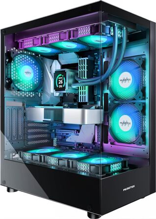 MUSETEX ATX корпус для ПК з 6 ARGB вентиляторами, геймерський корпус із подвійним панорамним склом, Type-C, чорний, середній Tower