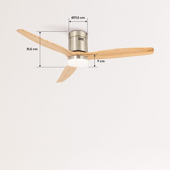 Вентилятор стельовий з підсвічуванням Windcalm Deckenventilator ABS, 132 см, пульт, DC-мотор, нікель/світле дерево