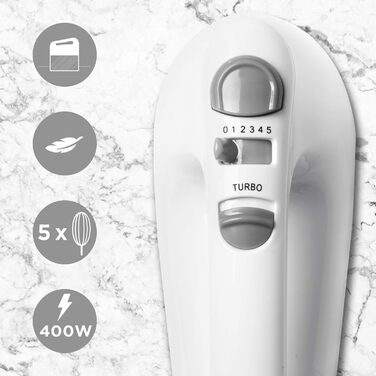 Електричний ручний міксер Duronic HM4 WE 400 Вт з насадками та контейнером для зберігання, білий, для тіста та випічки