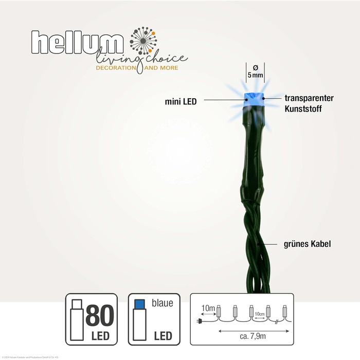 Вулична гірлянда hellum 80 LED, 7,9 м, синя, з таймером, електрична, зелений кабель, яскравість до 59 люменів