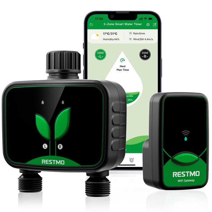 Таймер для поливу RESTMO WiFi, 2 зони, для саду та газону, програмований, для зовнішніх кранів