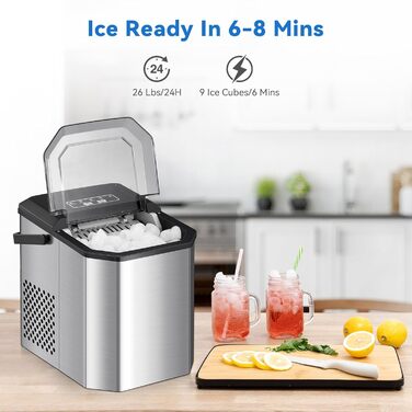 Льодогенератор Eiswürfelmaschine 120W, 9 кубиків за 6 хв, 11.8 кг/24 год, самоочищення, з лопаткою та кошиком для вечірок, офісу, бару, кемпера, 2.3 л