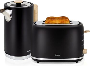 Тостер Briebe Nordic Set 2-слотовий з широкими прорізами, підставка для булочок, 6 режимів + Електричний чайник 1.7л 2200Вт, швидке нагрівання, без BPA, набір для сніданку, чорний