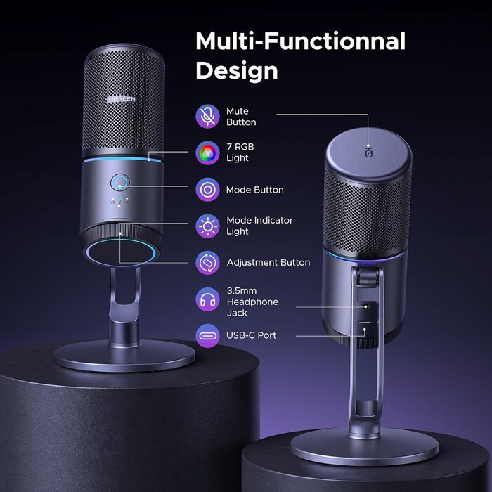 UGREEN ігровий USB-мікрофон з RGB-підсвічуванням, 24bit/96kHz, кнопка вимкнення звуку, конденсаторний мікрофон для ПК, PS5/PS4, стрімінгу, ігор, подкастів, запису, ноутбука
