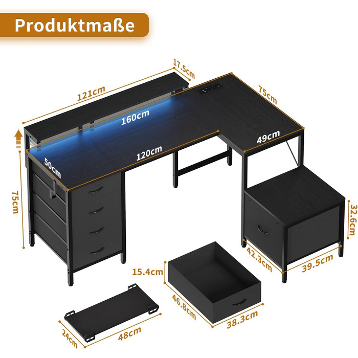 Кутовий стіл Devoko з розетками та USB, 160x120 см, чорний - для дому та геймінгу
