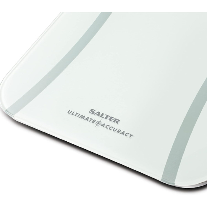 Електронна вага Salter 9073 WH3R для людей, з аналізом жиру, LCD-дисплеєм, скляна, висока точність, крок 50 г, функція Step-on, ніжки для килима, до 180 кг, біла