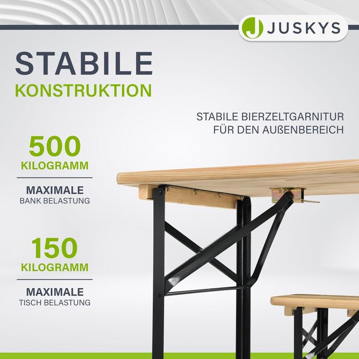 Садовий комплект меблів Juskys Bichl: складаний стіл та 2 лавки з дерева, 170x46x77 см, бенкетний набір для кемпінгу та пікніка