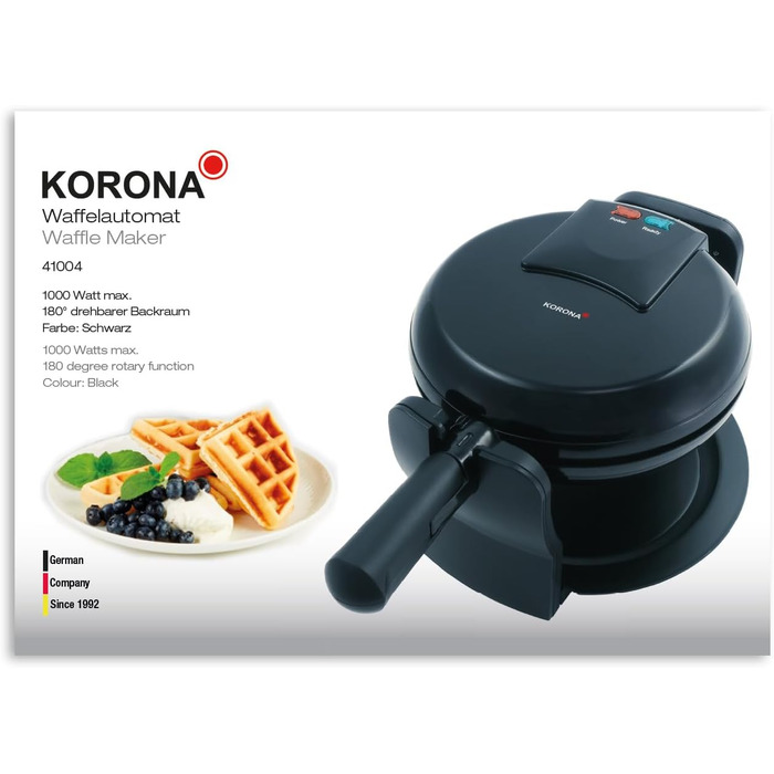 Вафельниця Korona 41004 для круглих бельгійських вафель, обертається на 180°, 1000 Вт, з двосторонньою індикацією, ідеальний розподіл тіста, компактне зберігання