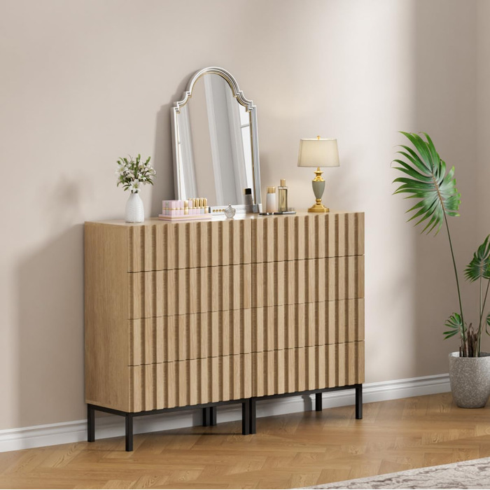 Комод UEV з 4 висувними ящиками, комплект 2 шт, 120x34,5x92 см, вузький дерев'яний комод для зберігання вітальня, спальня, передпокій (натуральний)