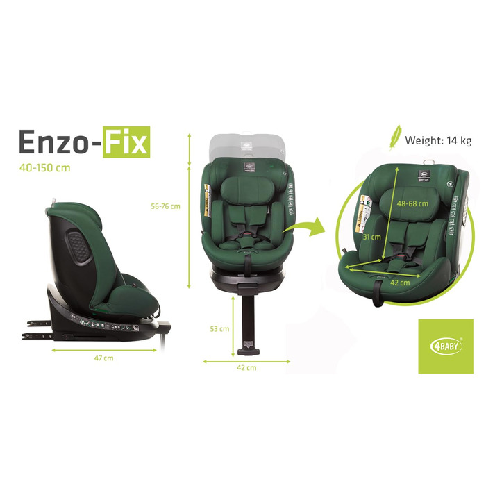 Дитяче автокрісло ENZO-FIX 360° Isofix з ніжкою стабілізації, I-Size, додатковий бічний захист, темно-зелене