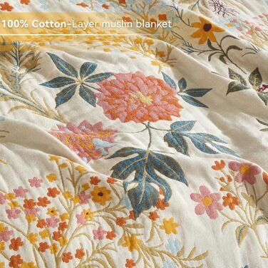 Покривало Bailix Premium Boho з 100% бавовни, двостороння муслінова ковдра з бахромою 150x200 см, декоративний плед для дивана та ліжка, синій/бежевий, принт Blumengarten