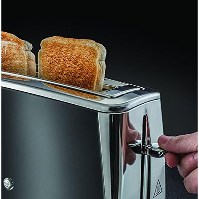 Тостер Russell Hobbs Luna Edelstahl Grau для 2-х скибочок хліба (широкі слоти) з підставкою для булочок, 6 режимів підсмажування, розморожування та підігрів - 23251-56