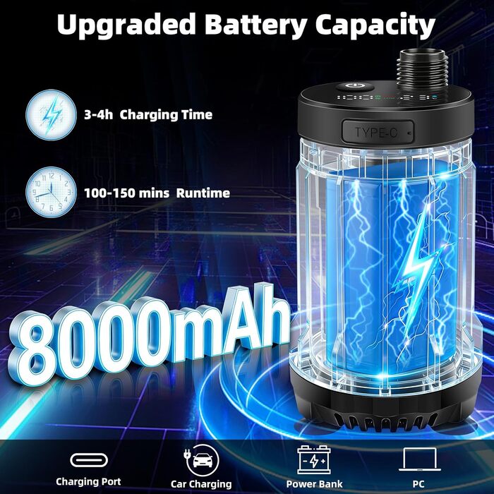 Портативний душ для кемпінгу Uplayteck з помпою та акумулятором 8000mAh, водонепроникний IPX8, мобільний набір з лійкою та шлангом 2м для подорожей, пляжу та відпочинку на природі