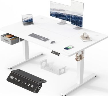 Регульований стіл Devoko з підйомною висотою, 140x80 см, з ящиками, USB-порт, органайзер для кабелів, стоячий стіл з 3 рівнями пам'яті, білий