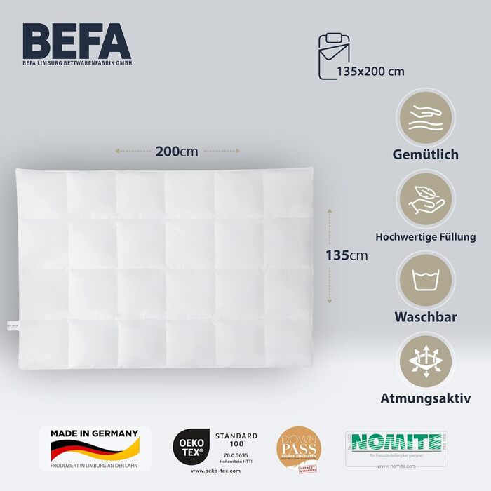 Зимова ковдра з пуху та пера BEFA NATUR 135x200 см, 60% пух, 40% перо, антиалергенна, сертифікат Öko-Tex 100, Downpass, Made in Germany
