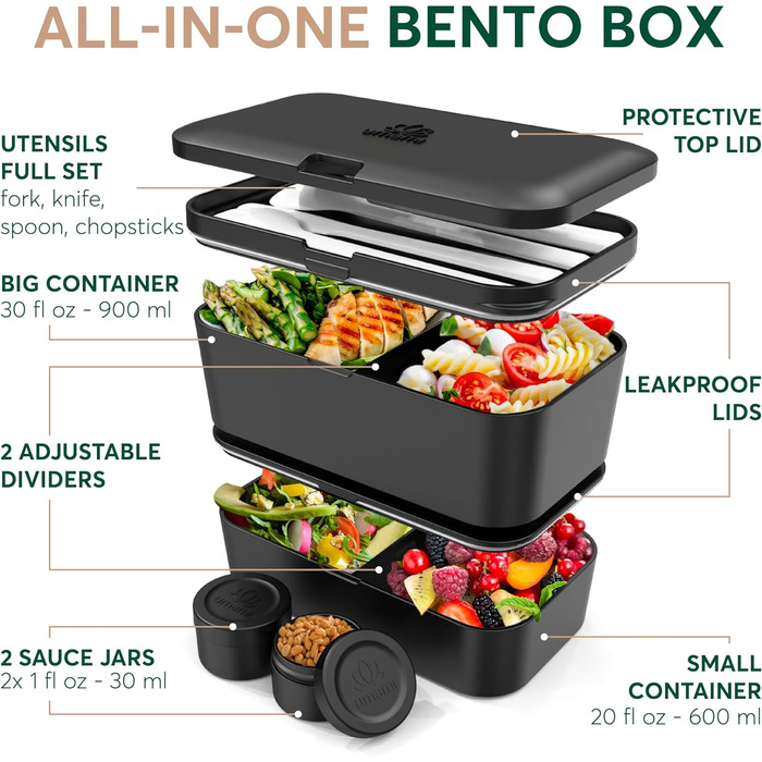 Ланчбокс Umami Bento 1500 мл, багаторазовий контейнер для обіду, для чоловіків, дорослих, чорний сапеле, XL, герметичний, для приготування їжі