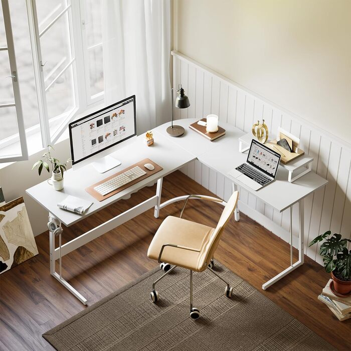 Кутовий письмовий стіл CubiCubi 120x120 см, білий, з полицею для монітора та шухлядами, комп'ютерний стіл для офісу, простий монтаж, місткий, компактний L-подібний стіл
