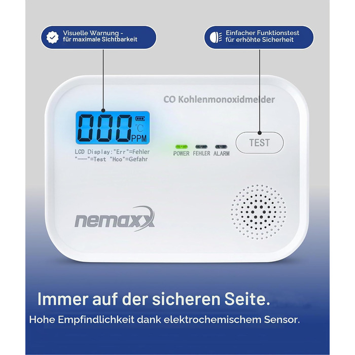 Детектор чадного газу NEMAXX® CM18 з LCD-дисплеєм, електрохімічний сенсор, 85 дБ, стандарт EN 50291-1:2018, термін служби 10 років (набір 2 шт.)