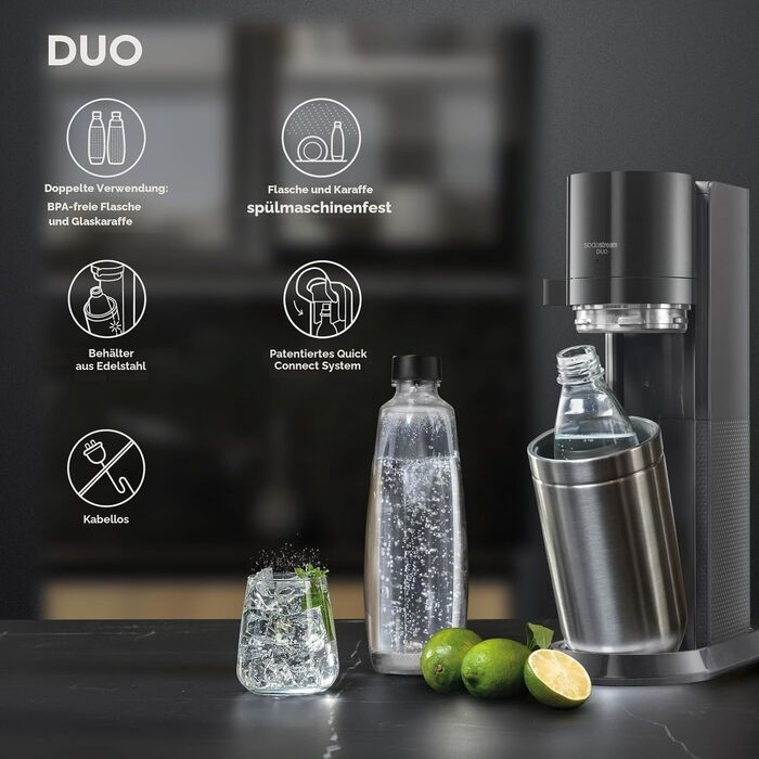 Сифон для газування води SodaStream Duo з скляним і пластиковим пляшками по 1 л, циліндр CO2 на 60 л, чорний (Stainless Finish)