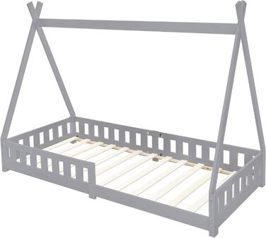 Дитяче ліжко Tipi ML-Design 90x200 см, світло-сіре, з бортиком і ламелями, з масиву сосни, індіанський будиночок для дівчаток і хлопчиків, ігрове ліжко-затишне намет-домік