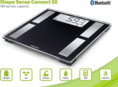 Ваги Soehnle Shape Sense Connect 50 з Bluetooth, аналітичні ваги для біоімпедансного аналізу тіла, електронна вага для вимірювання жиру, з великим LCD-дисплеєм, чорні, з мобільним додатком