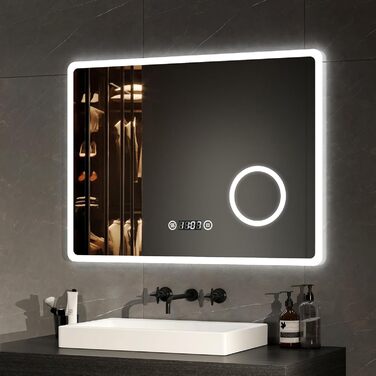 Дзеркало для ванної кімнати EMKE LED 90x70 см з підсвічуванням, годинником та захистом від запотівання, IP44