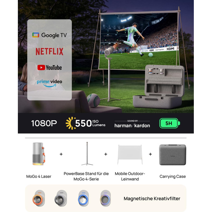 XGIMI MoGo 4: Портативний лазерний проєктор з Google TV, Harman Kardon, 550 ANSI люмен, до 2.5 год роботи, на відкритому повітрі