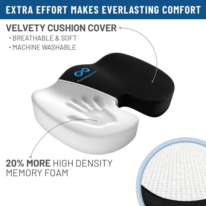 Подушка для сидіння Everlasting Comfort з Memory Foam для комфорту – Ергономічна подушка для підтримки куприка – М'яка подушка на стілець для здорової постави, чорна