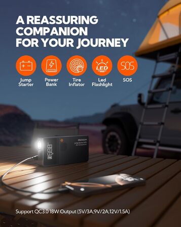 Бустер-пусковий пристрій для авто JC8 8000mAh 7-в-1: портативний компресор, Powerbank, LED-ліхтарик та USB-C зарядка, автомобільний jump starter