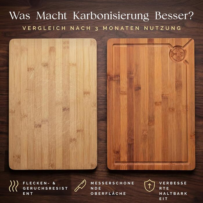 Дошка обробна Deer & Oak велика карбонізована 38x25x2 см, бамбукова, для м'яса, риби, овочів, фруктів, сиру та хліба (набір 3 шт.)