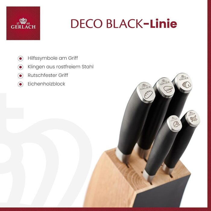 Набір кухонних ножів Gerlach Deco Black (5 предметів) у підставці з букового дерева, сталеві ножі для кухні