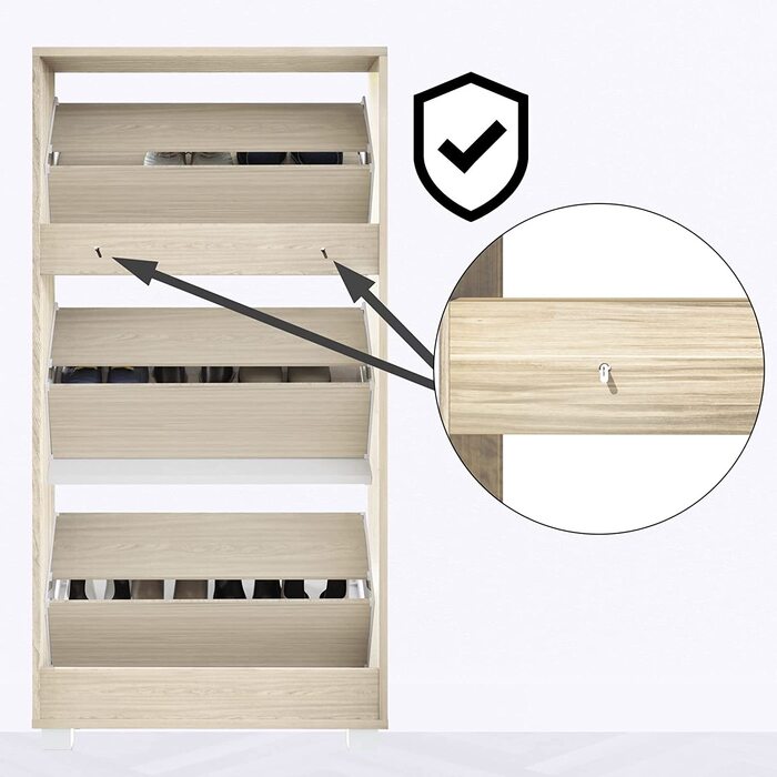 Шафа для взуття Casaria® на 18 пар, вузька, 115x60x25 см, 3 дверцята, висока, з дерева, закрита, з фіксацією від перекидання, для прихожого, світла бука/білий колір