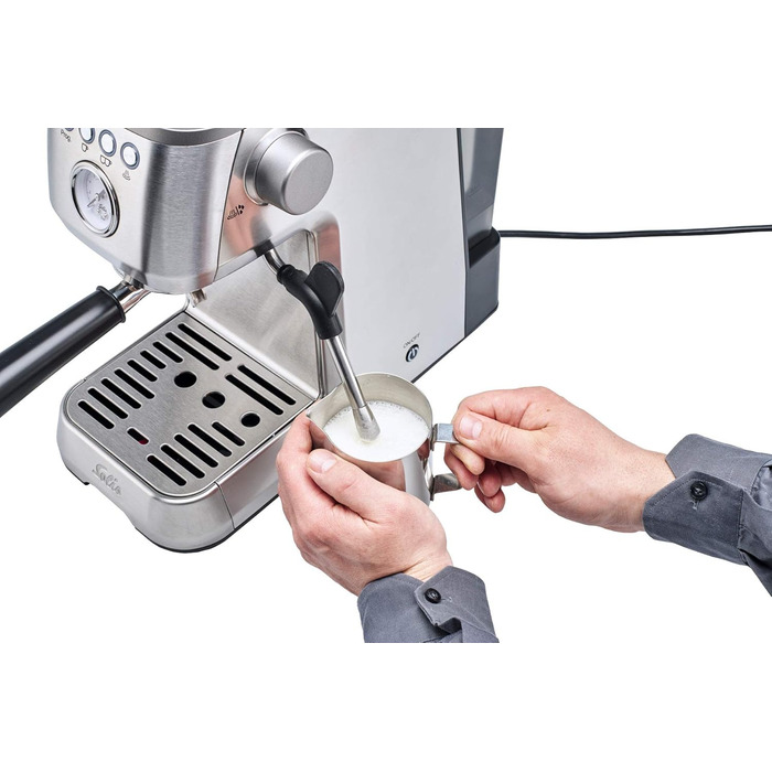 Кавомашина Solis Barista Perfetta Plus V2, напівавтоматична, з капучинатором, програмована, знімний резервуар для води, функції гарячої води та пари, срібляста