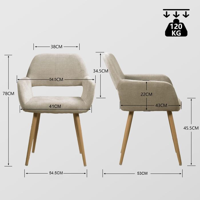 Крісла для їдальні та кухні Cosy 2 шт. з м'яким сидінням, металевим каркасом, бежевого кольору, 56x56x78 см