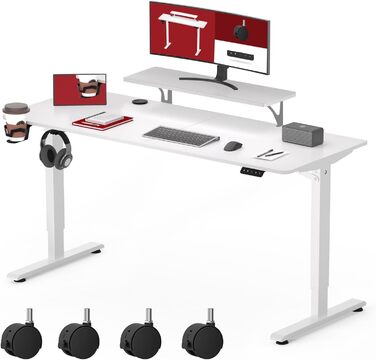 Електричний регульований стіл SANODESK 120x60 см з підставкою для монітора, гачком і колесами, ергономічний комп'ютерний стіл з 2-секційним телескопічним механізмом
