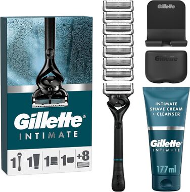 Gillette Intimate набір для гоління чоловіків: бритва, 8 лез, 2-в-1 крем для гоління і душу 177 мл, тримач, дорожній футляр, подарунковий комплект