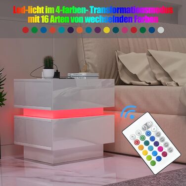 Нічний столик з розеткою та LED-підсвіткою, з USB-зарядкою та 2 шухлядами (45x35x46 см, білий)
