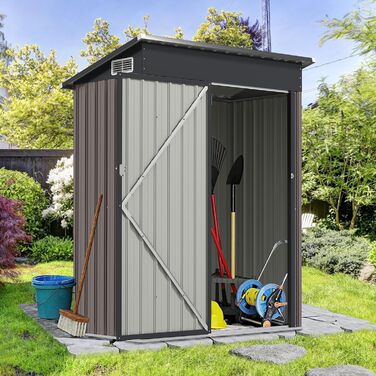 Металевий садовий будиночок COSTWAY 150x90,5x185 см, 1,5 м³, з односхилим дахом та дверима, замиканий, для інструментів, сірий