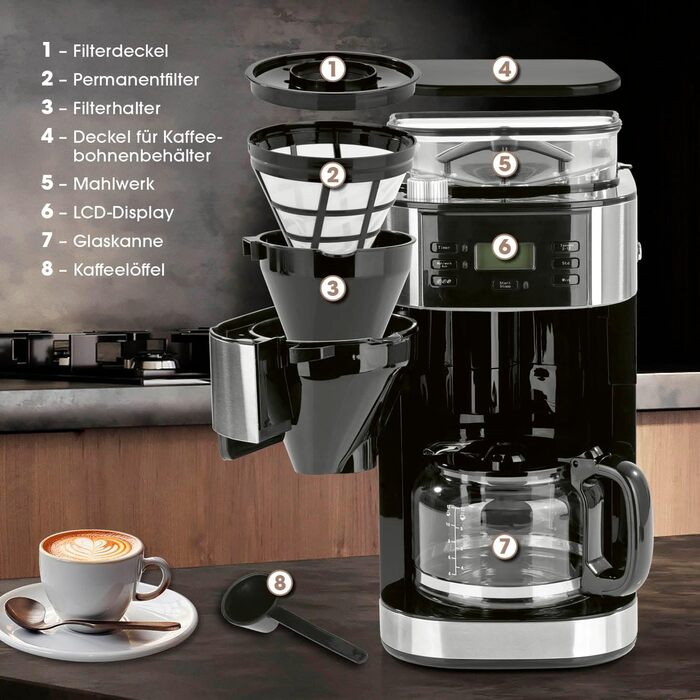 Кавомашина Barista Filterkaffeemaschine з регульованим млинком та скляною колбою | Функція підігріву, таймер 24 год та постійний фільтр | Для 10 чашок кави | Кавомашина для зерен та меленої кави [Нержавіюча сталь] 6) Нержавіюча сталь - скляна колба - з мл