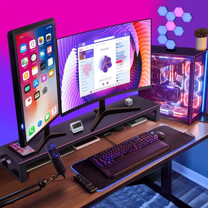 Підставка для двох моніторів Vaydeer з бездротовою зарядкою та 4 USB-хабами, металева, для моніторів до 32 дюймів, для комп'ютера і ноутбука, чорна