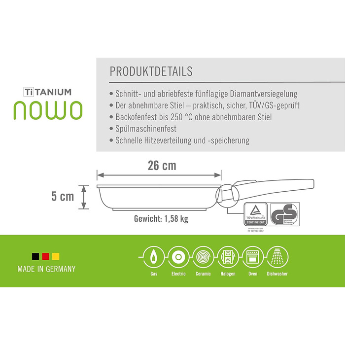 Сковорода Woll Nowo Titanium 26 см, алюмінієва з антипригарним покриттям, знімна ручка, для газу, електро, кераміки, не для індукції