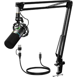 MAONO PD200XS Динамічний XLR/USB мікрофон з RGB підсвіткою, комплект із тримачем, програмним забезпеченням, кнопкою вимкнення звуку та регулятором гучності для подкастів, стрімінгу, запису, геймінгу, ПК, Mac, PS4/5, мікшер, чорний