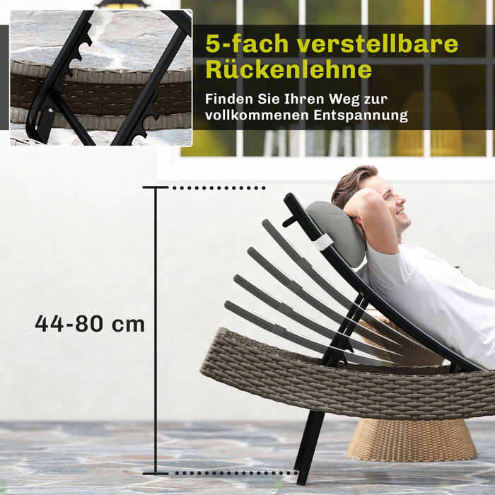 Шезлонг з ротангу Polyrattan S-подібної форми з 5-рівневим регулюванням спинки, підголівником, дихаючою тканиною та захистом від ультрафіолету.
