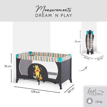 Дитяче ліжко-манеж Hauck Dream N Play (Puuh Geo) - від народження до 15 кг, компактно складна, з переносною сумкою та регульованим дном, 120x60 см