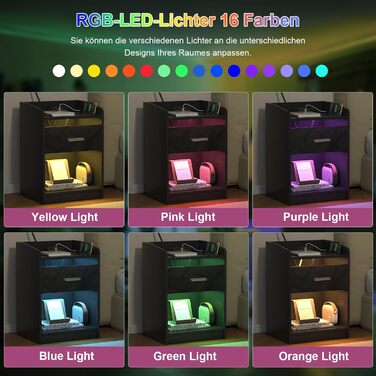 Сучасна приліжкова тумба Lvhecforhm з LED підсвіткою, 2 шт, чорна, з розетками та USB, глянцева передня панель, відкритий відсік, 40x35x58 см