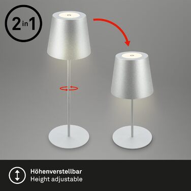 BRILONER LED бездротова настільна лампа з диммером, сенсорним керуванням, регульована по висоті, акумуляторна, нічник, лампа для читання, кемпінгу, столу, для дому та вулиці, срібляста, 36x10,5 см