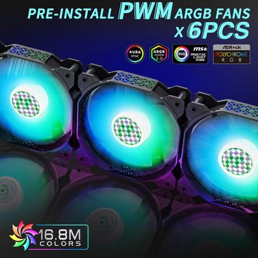 MUSETEX ATX корпус для ПК з 6 встановленими PWM ARGB вентиляторами, ігровий корпус з полігональною сіткою, бічна панель із загартованого скла, Mid-Tower, 2x USB 3.0, чорний, модель NN8